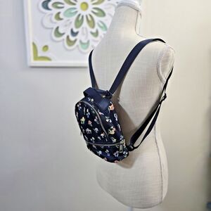 Navy Blue Mushroom Print Mini Nylon Backpack Purse Adjustable Navy Straps Fungi